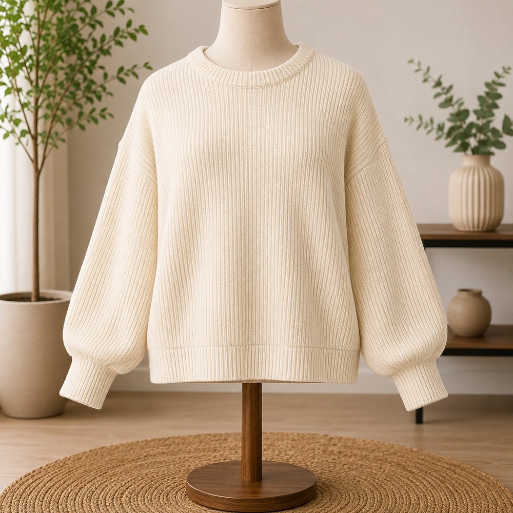 NEW Belle Kim Gravel Shaker Knit Sweater 2X Cream Ivory Balloon Sleeve Ribbed